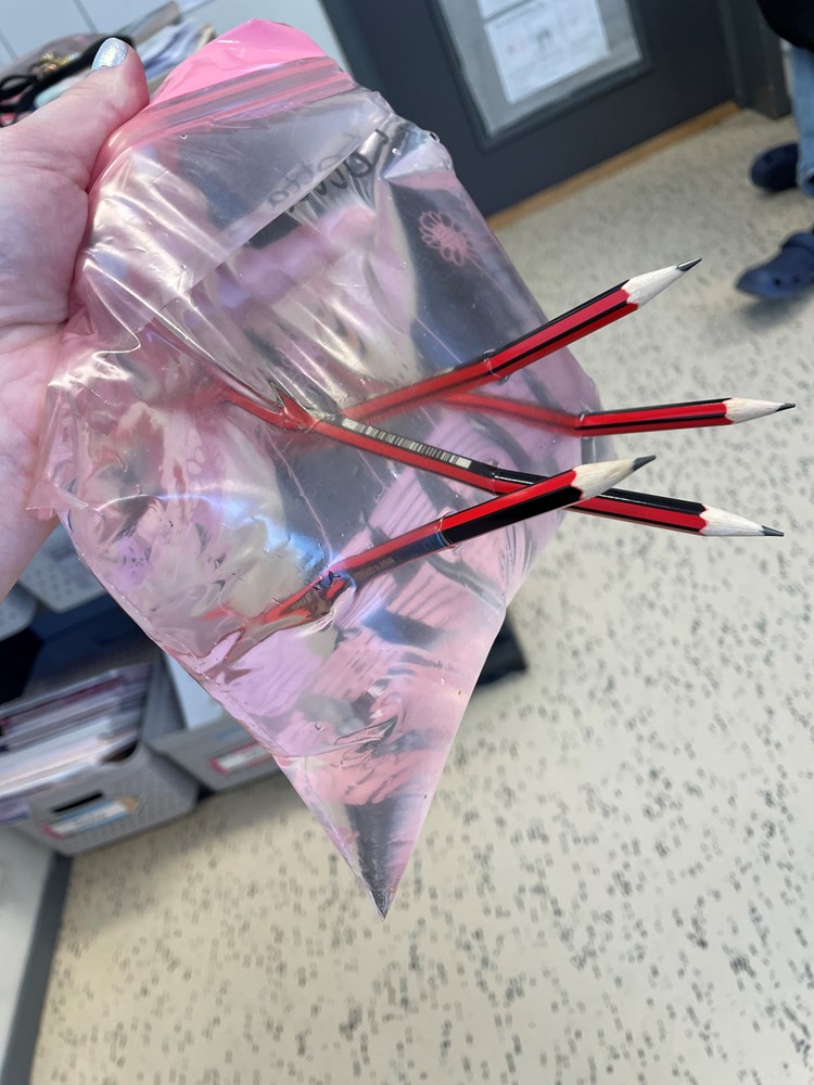 Fire blyanter som er stukket gjennom en plastpose med væske