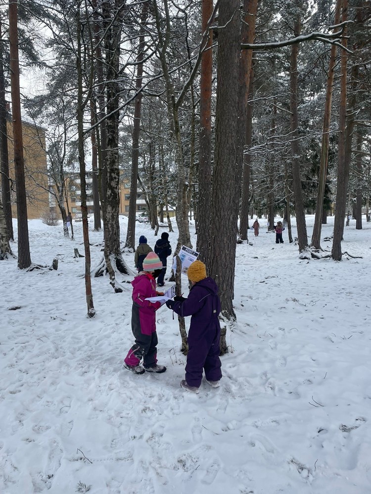 En gruppe barn ved snødekte trær